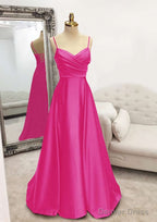 A-line V Neck Spaghetti Straps Long/Floor-Length Satin Prom Dresses With Pleated