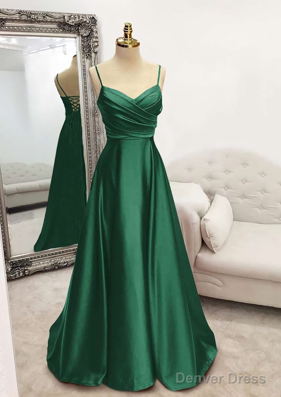 A-line V Neck Spaghetti Straps Long/Floor-Length Satin Prom Dresses With Pleated