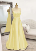 A Line V Neck Spaghetti Straps Long Floor Length Satin Prom Dresses With Pleated