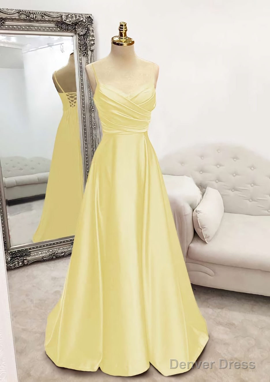 A Line V Neck Spaghetti Straps Long Floor Length Satin Prom Dresses With Pleated
