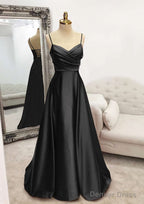 A-line V Neck Spaghetti Straps Long/Floor-Length Satin Prom Dresses With Pleated