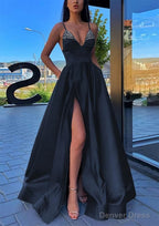 A Line V Neck Spaghetti Straps Long Floor Length Satin Prom Dresses With Split Pockets Beading