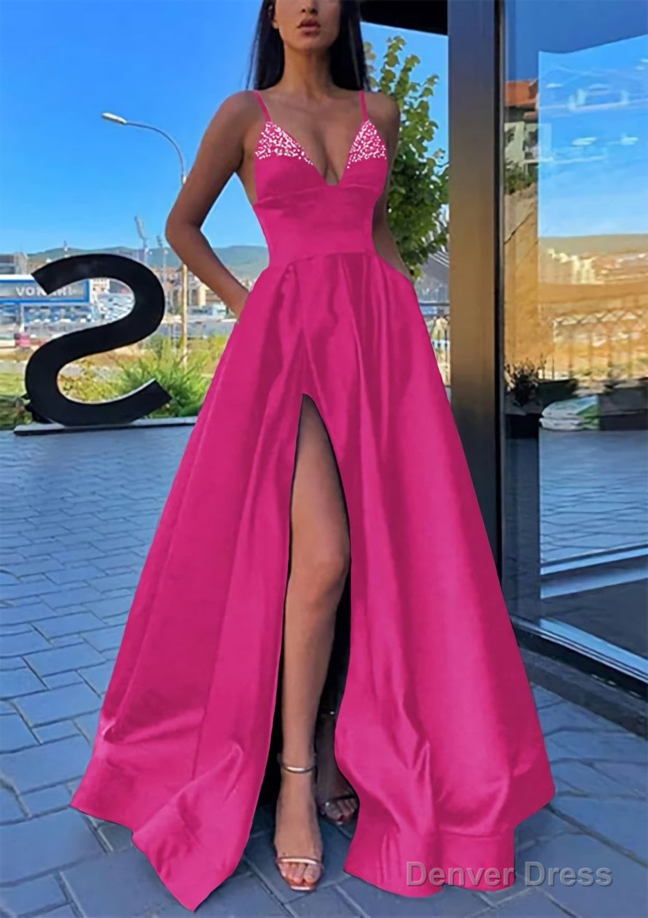 A Line V Neck Spaghetti Straps Long Floor Length Satin Prom Dresses With Split Pockets Beading