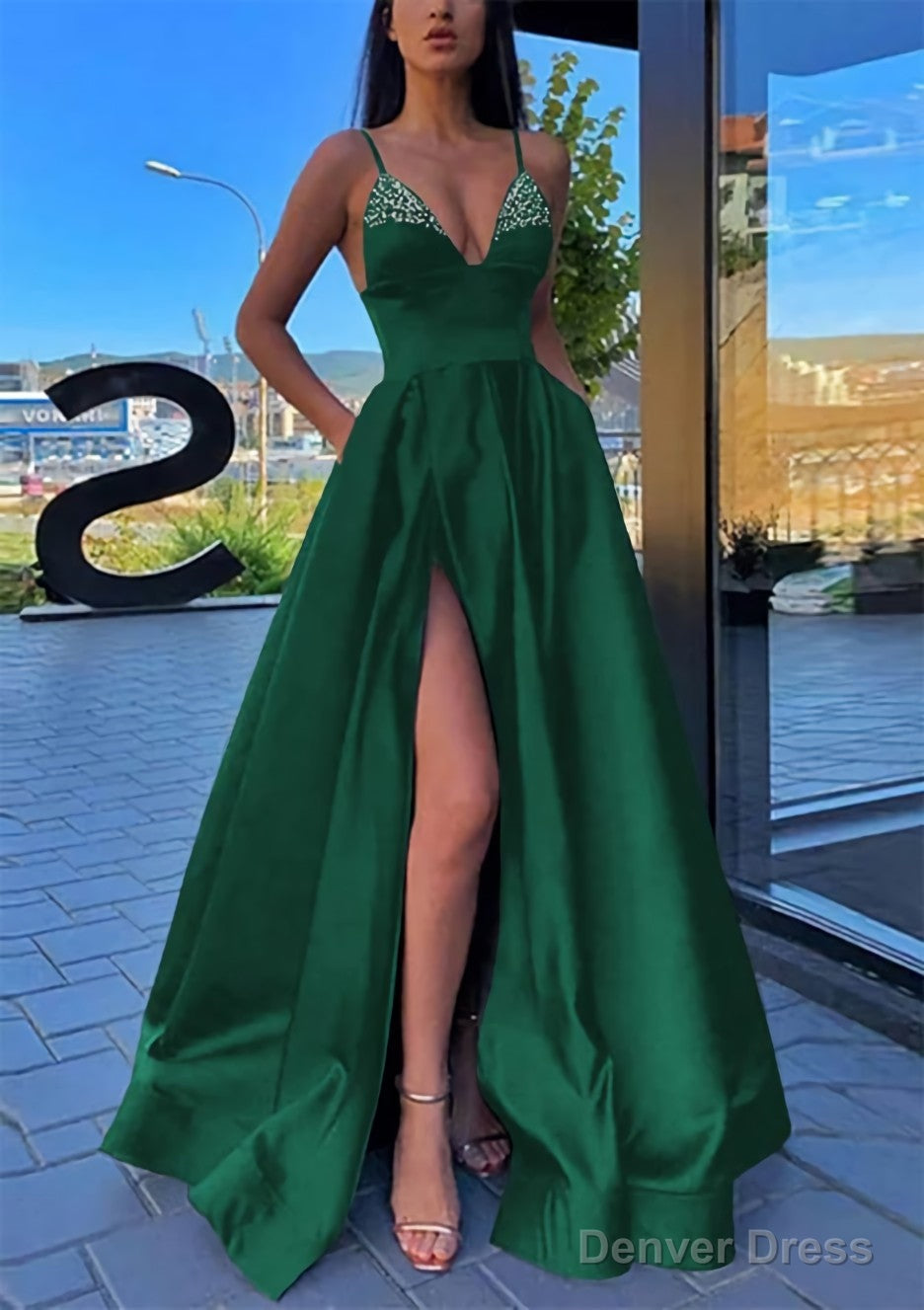 A-line V Neck Spaghetti Straps Long/Floor-Length Satin Prom Dresses With Split Pockets Beading