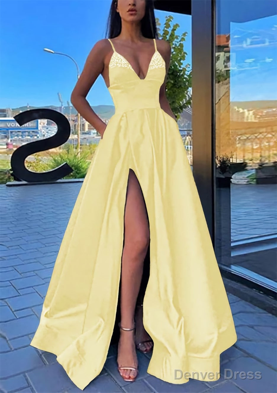 A Line V Neck Spaghetti Straps Long Floor Length Satin Prom Dresses With Split Pockets Beading