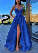 A Line V Neck Spaghetti Straps Long Floor Length Satin Prom Dresses With Split Pockets Beading