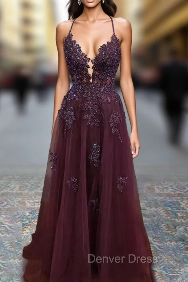 Tulle Cabernet Prom Dresses A-line V Neck Spaghetti Straps Long/Floor-Length With Beading Sequins Appliqued
