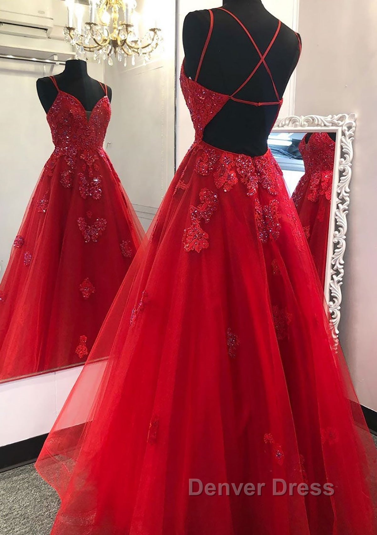 A-line V Neck Spaghetti Straps Long/Floor-Length Tulle Prom Dresses With Appliqued Beading Secondary image