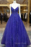 A-line V Neck Spaghetti Straps Long/Floor-Length Tulle Prom Dresses With Appliqued Beading Glitter