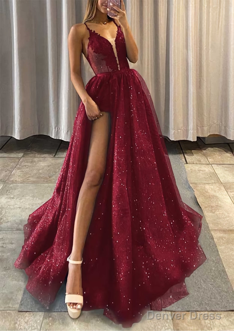 A Line V Neck Spaghetti Straps Long Floor Length Tulle Prom Dresses With Appliqued Glitter Split Left