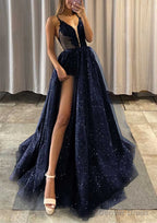 A-line V Neck Spaghetti Straps Long/Floor-Length Tulle Prom Dresses With Appliqued Glitter Split Left