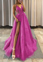 A Line V Neck Spaghetti Straps Long Floor Length Tulle Prom Dresses With Appliqued Glitter Split Left
