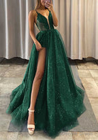 A Line V Neck Spaghetti Straps Long Floor Length Tulle Prom Dresses With Appliqued Glitter Split Left