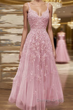 A-line V Neck Spaghetti Straps Long/Floor-Length Tulle Prom Dresses With Beading Lace Pockets Sequins