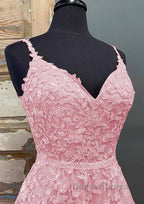 A-line V Neck Spaghetti Straps Long/Floor-Length Tulle Prom Dresses With Beading Lace Pockets Sequins