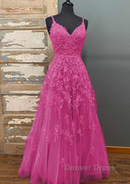 A-line V Neck Spaghetti Straps Long/Floor-Length Tulle Prom Dresses With Beading Lace Pockets Sequins
