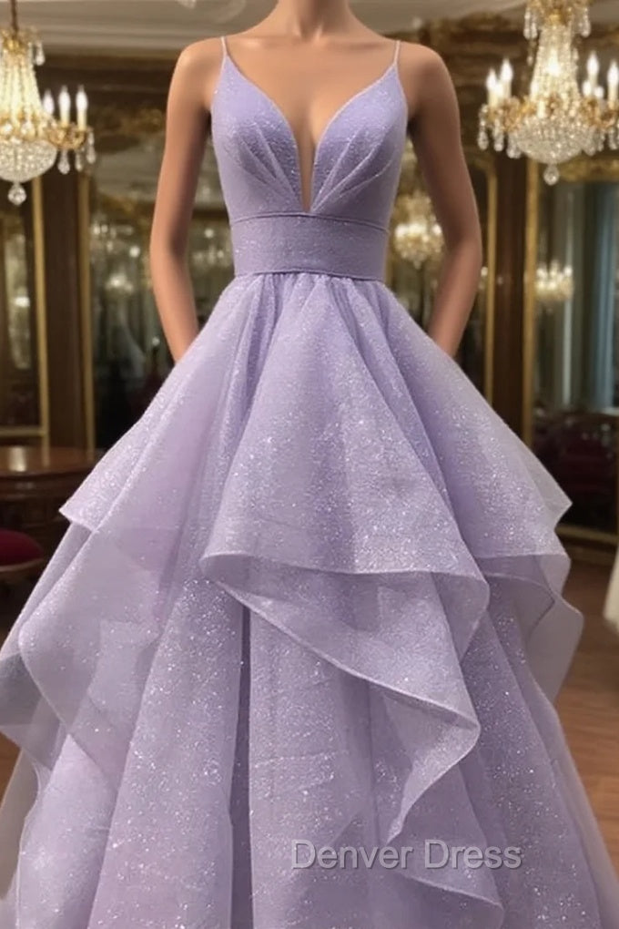 A-line V Neck Spaghetti Straps Long/Floor-Length Tulle Prom Dresses With Pleated Glitter Main image