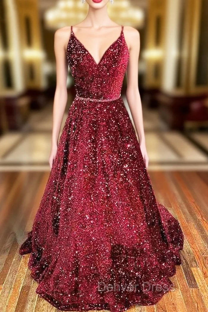 A-line V Neck Spaghetti Straps Long/Floor-Length Velvet Sequins Prom Dresses With Beading Main image