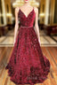 A-line V Neck Spaghetti Straps Long/Floor-Length Velvet Sequins Prom Dresses With Beading
