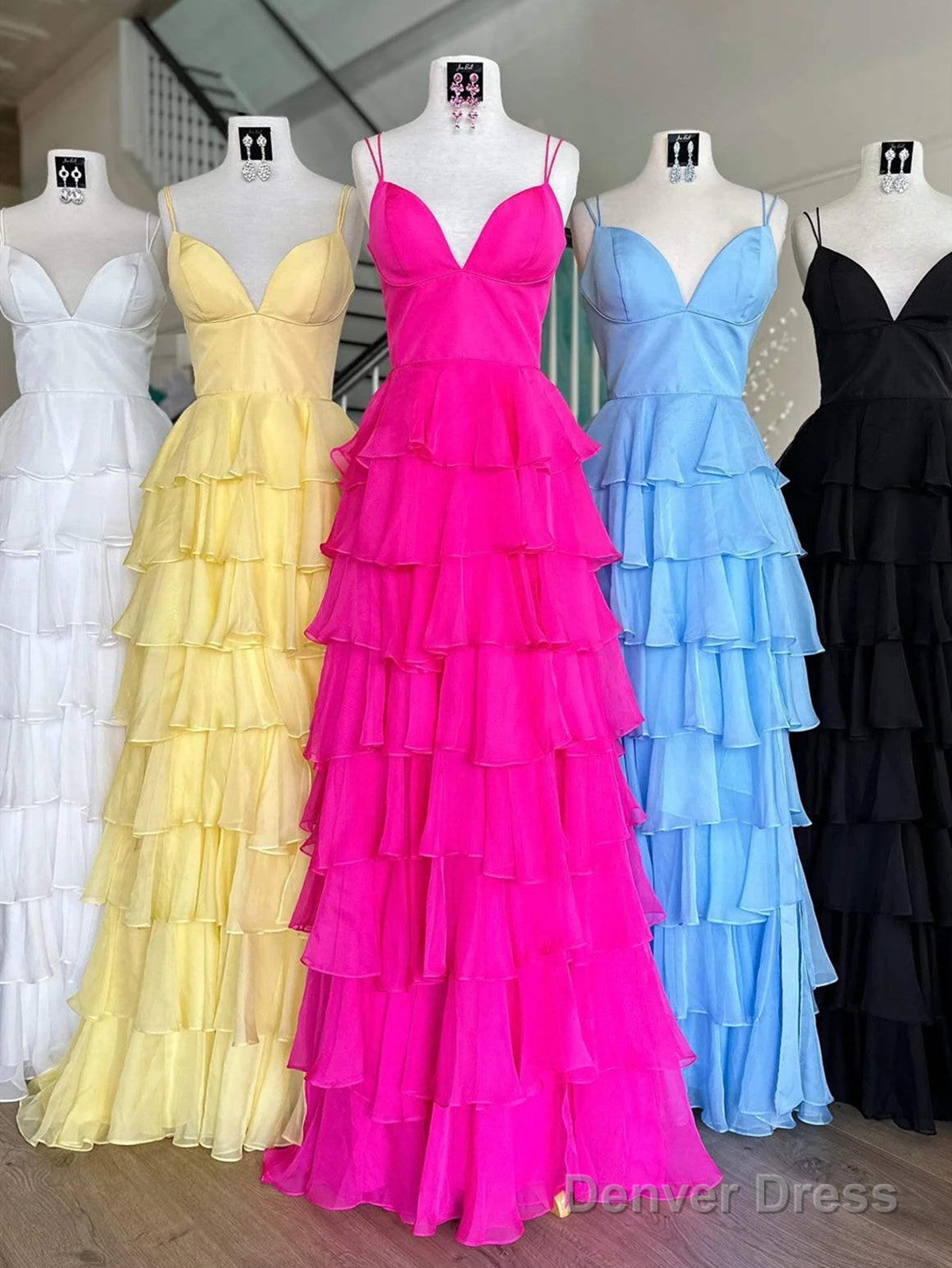 A Line V Neck Spaghetti Straps Pink Yellow Blue Layered Prom Dresses, Layered Long Formal Evening Dresses Main image