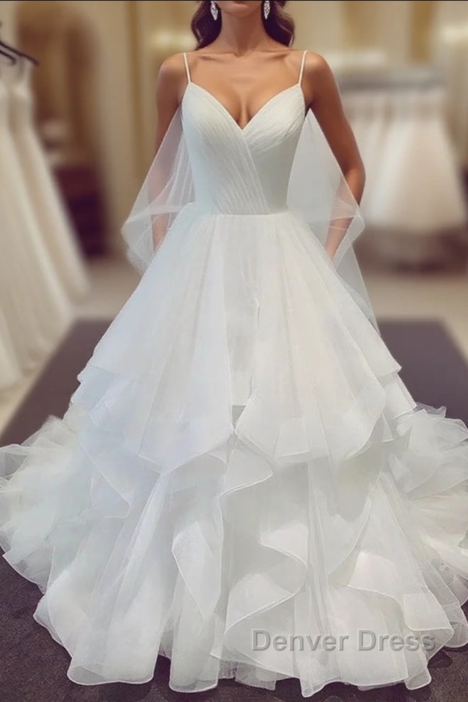A Line V Neck Spaghetti Straps Puffy White Long Wedding Dresses Main image