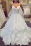 A Line V Neck Spaghetti Straps Puffy White Long Wedding Dresses