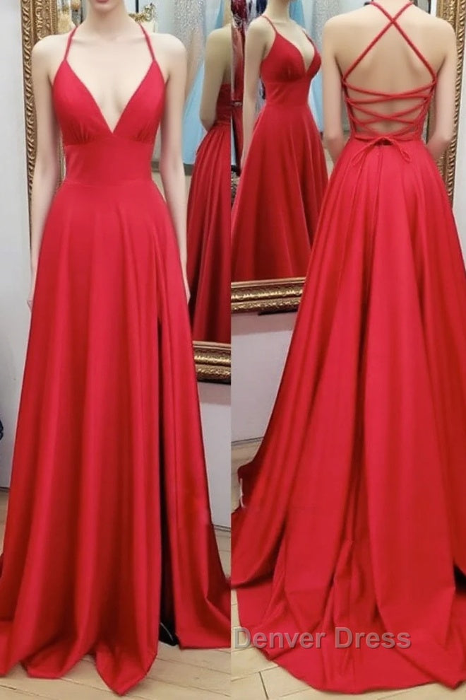A Line V Neck Spaghetti Straps Sweep Train Charmeuse Prom Dresses With Pleated Split