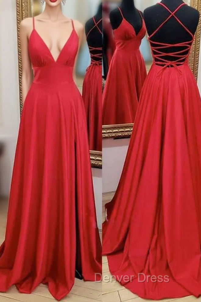 A Line V Neck Spaghetti Straps Sweep Train Charmeuse Prom Dresses With Pleated Split Main image