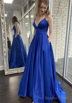 A Line V Neck Spaghetti Straps Sweep Train Charmeuse Prom Dresses With Pockets