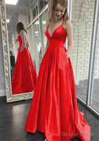 A Line V Neck Spaghetti Straps Sweep Train Charmeuse Prom Dresses With Pockets