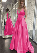 A Line V Neck Spaghetti Straps Sweep Train Charmeuse Prom Dresses With Pockets