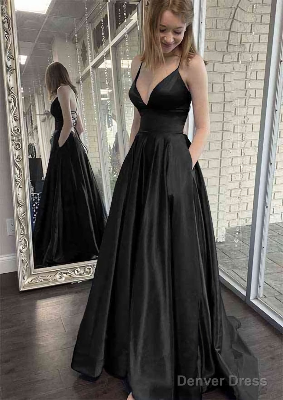 A Line V Neck Spaghetti Straps Sweep Train Charmeuse Prom Dresses With Pockets