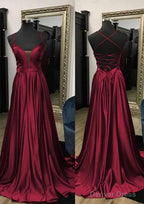 A Line V Neck Spaghetti Straps Sweep Train Charmeuse Prom Dresses With Split