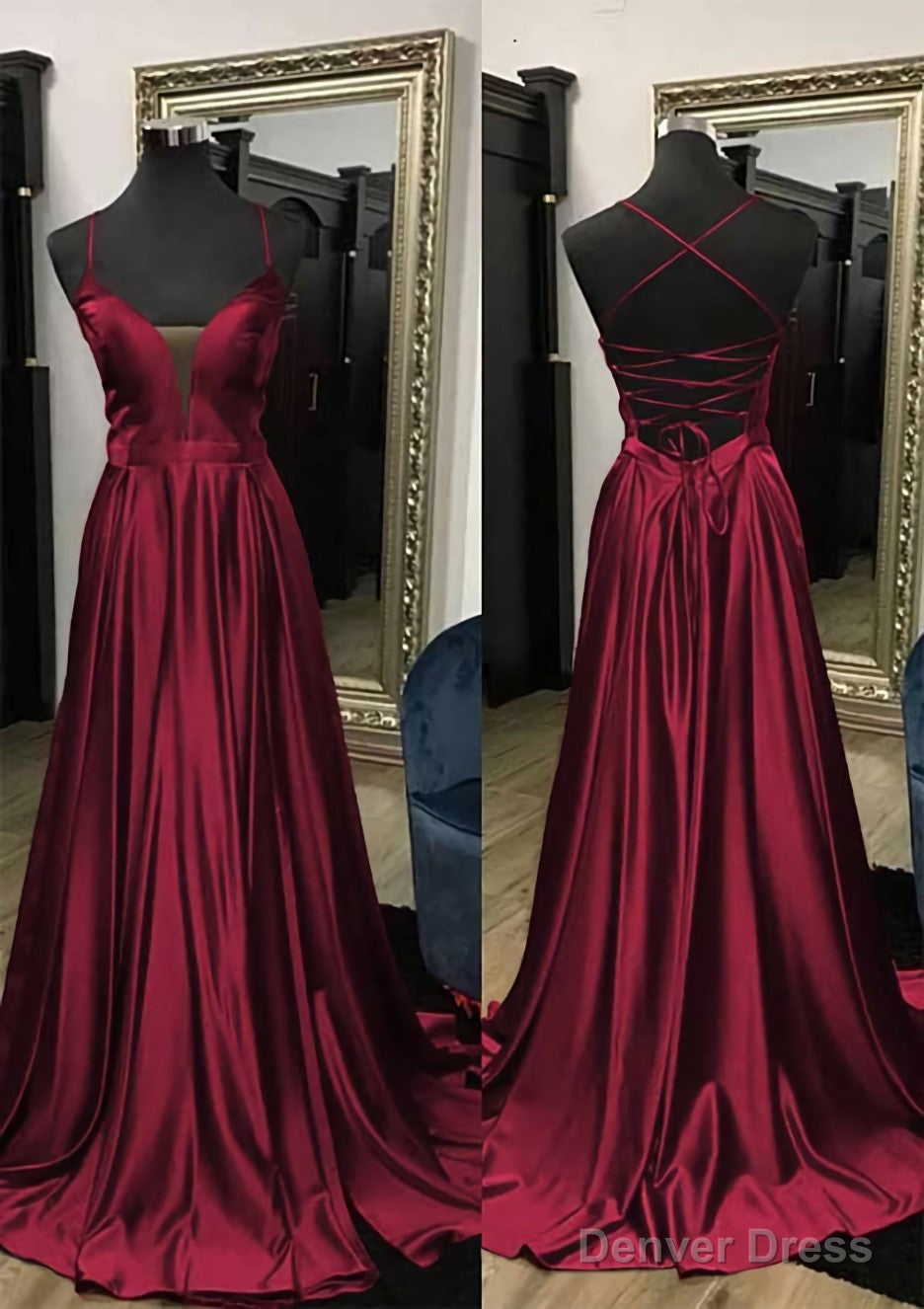 A Line V Neck Spaghetti Straps Sweep Train Charmeuse Prom Dresses With Split