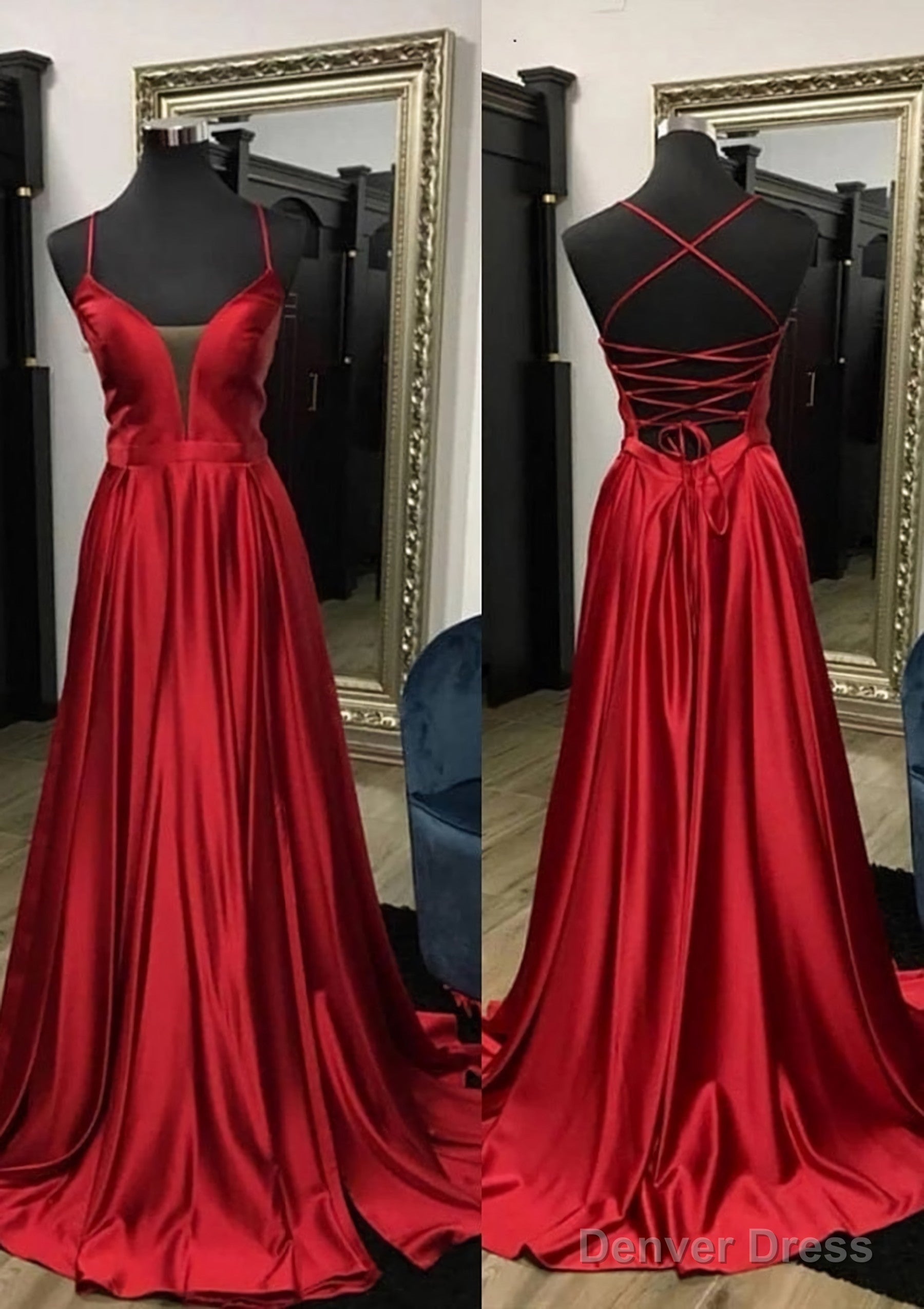A Line V Neck Spaghetti Straps Sweep Train Charmeuse Prom Dresses With Split Main image