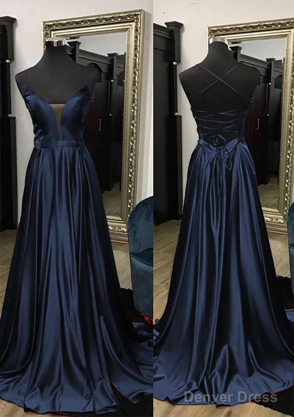 A Line V Neck Spaghetti Straps Sweep Train Charmeuse Prom Dresses With Split Secondary image