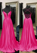 A Line V Neck Spaghetti Straps Sweep Train Charmeuse Prom Dresses With Split