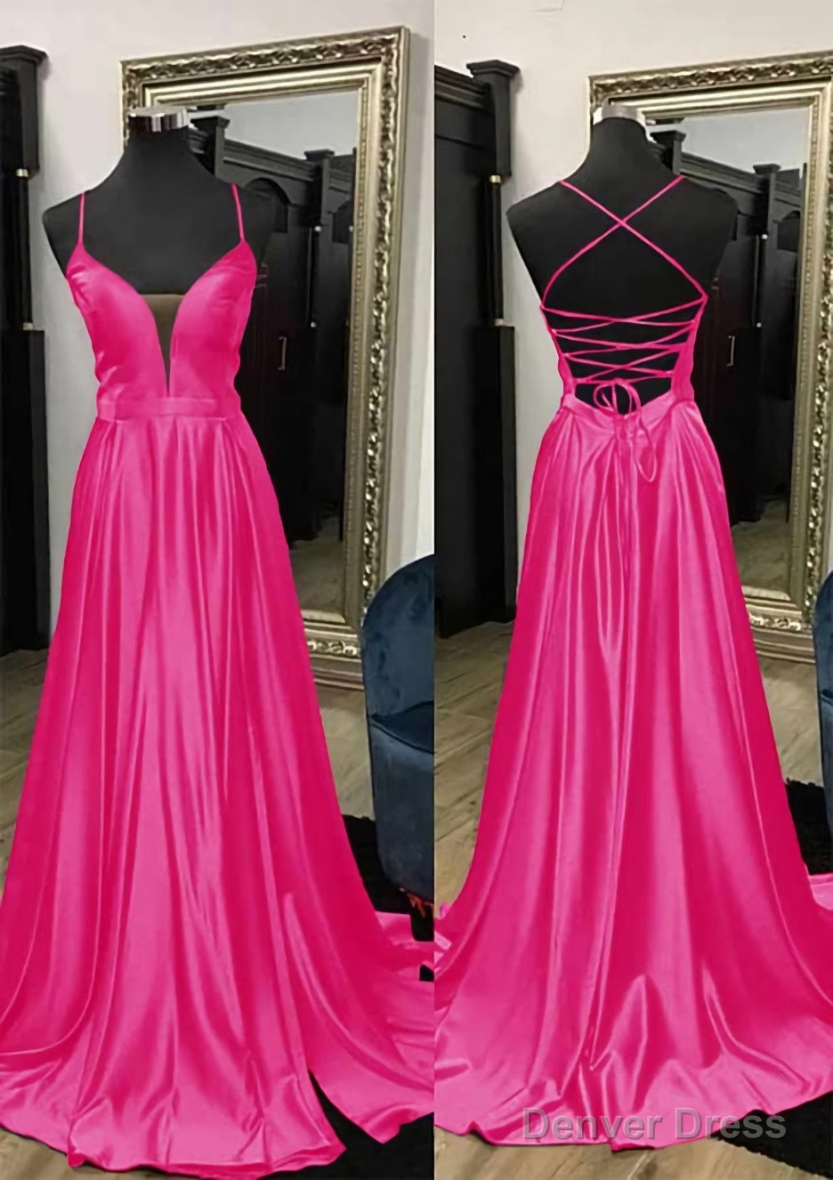 A Line V Neck Spaghetti Straps Sweep Train Charmeuse Prom Dresses With Split