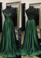 A Line V Neck Spaghetti Straps Sweep Train Charmeuse Prom Dresses With Split