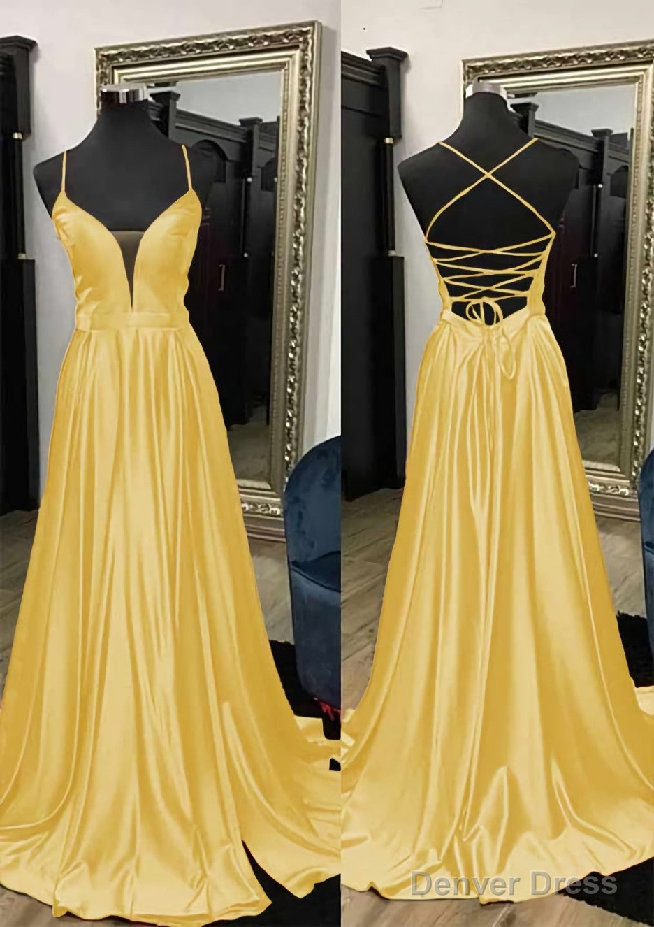 A Line V Neck Spaghetti Straps Sweep Train Charmeuse Prom Dresses With Split