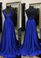 A Line V Neck Spaghetti Straps Sweep Train Charmeuse Prom Dresses With Split