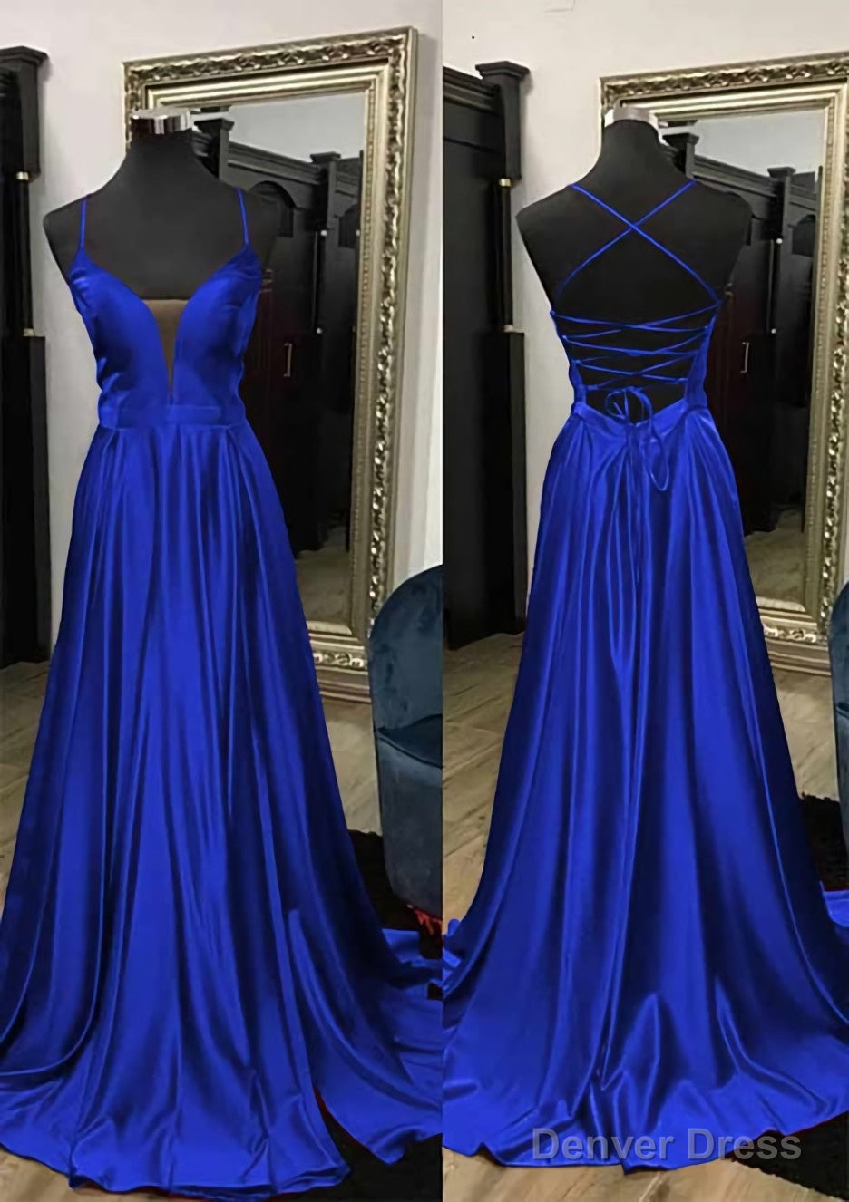 A Line V Neck Spaghetti Straps Sweep Train Charmeuse Prom Dresses With Split