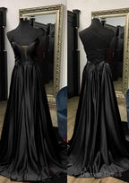 A Line V Neck Spaghetti Straps Sweep Train Charmeuse Prom Dresses With Split