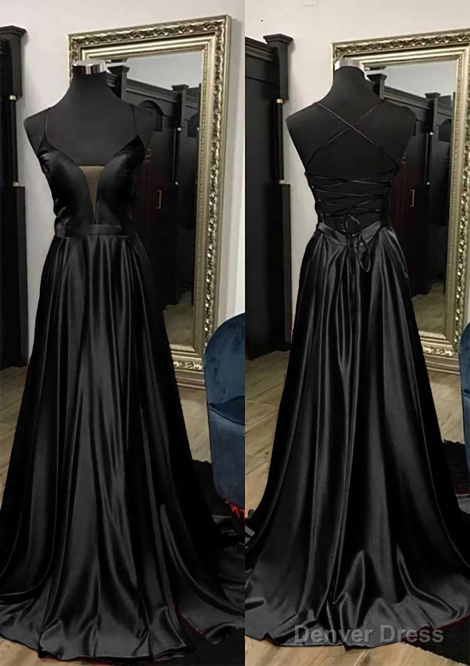 A Line V Neck Spaghetti Straps Sweep Train Charmeuse Prom Dresses With Split