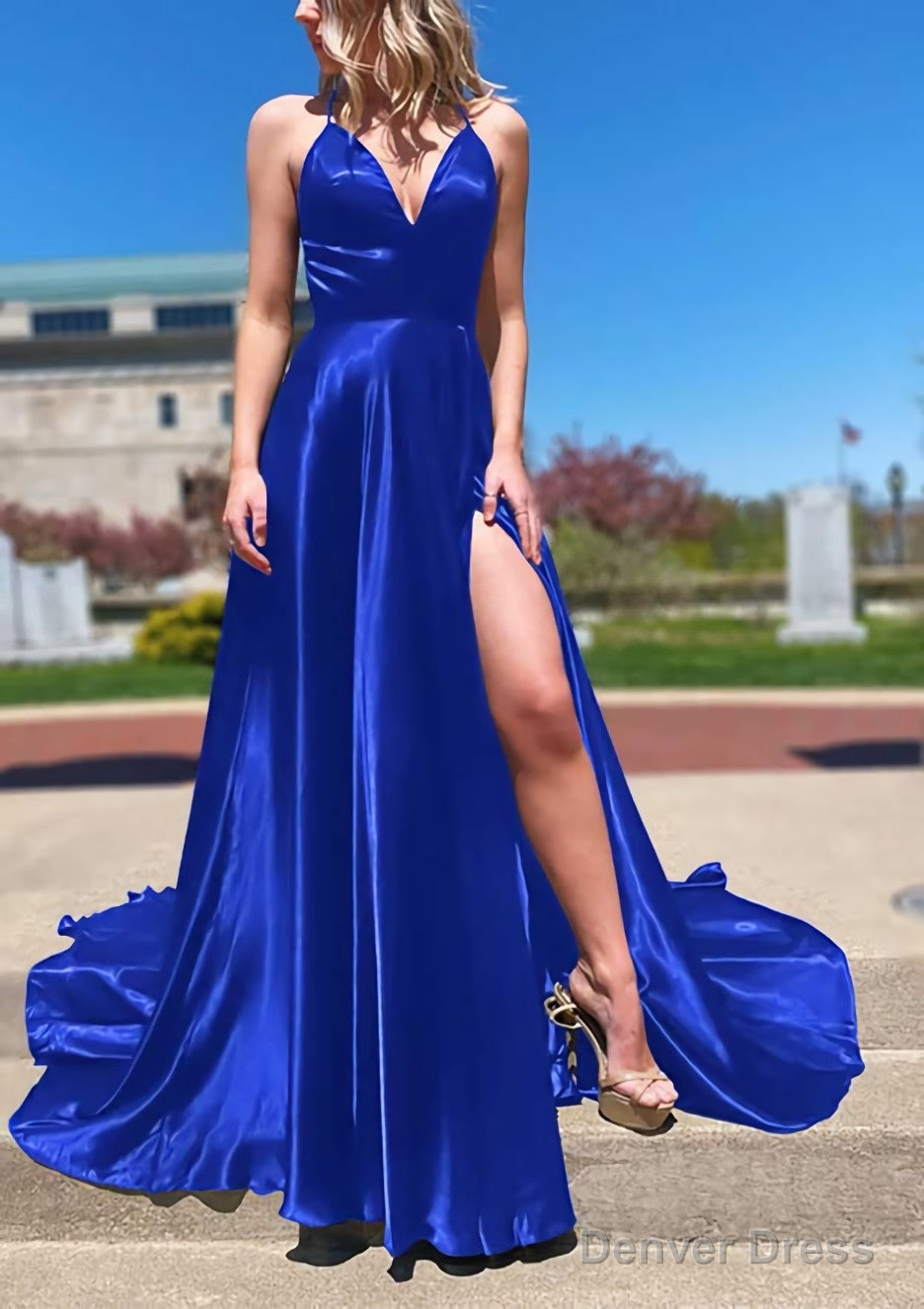 A Line V Neck Spaghetti Straps Sweep Train Charmeuse Prom Dresses With Split