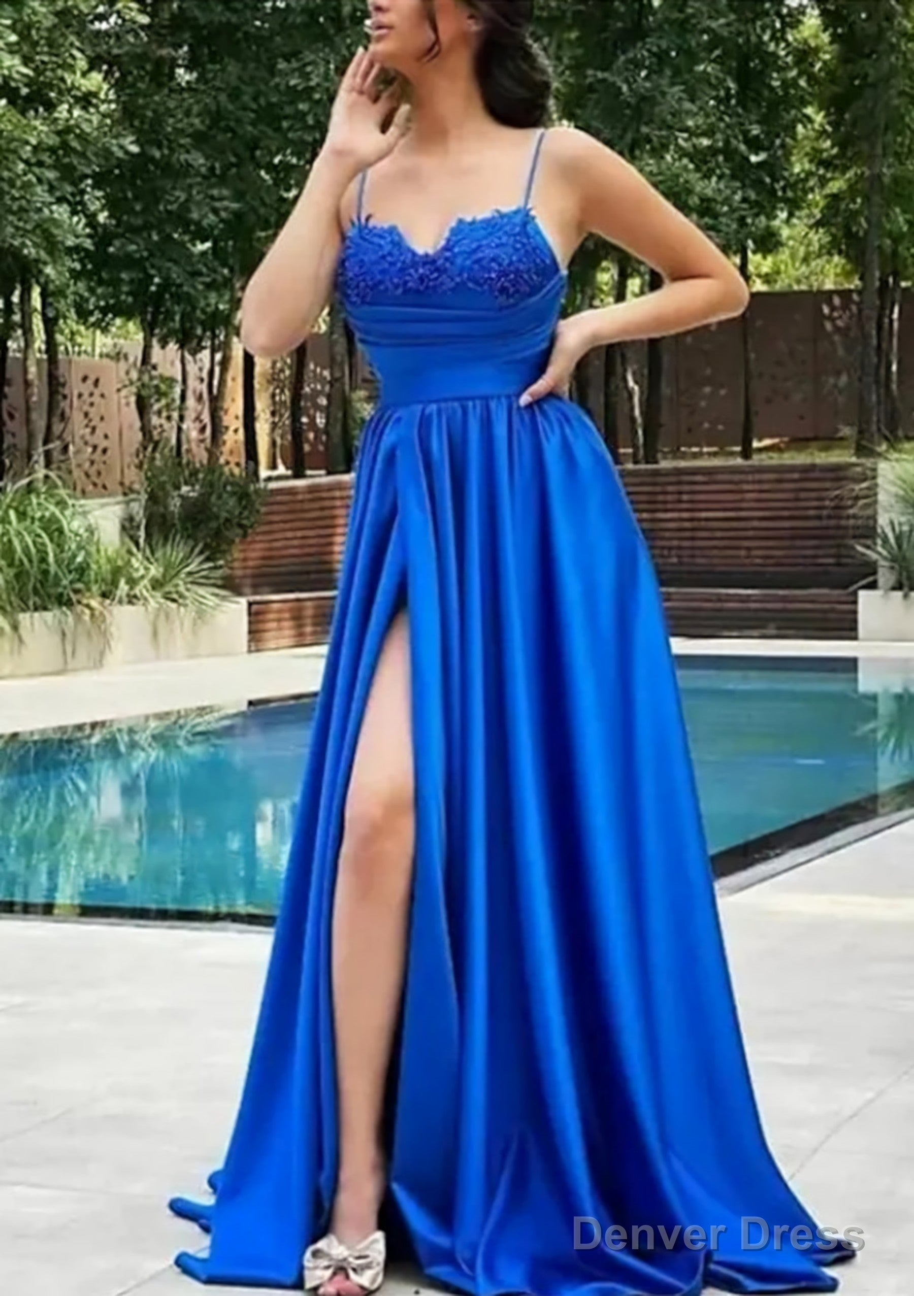A-line V Neck Spaghetti Straps Sweep Train Satin Prom Dresses With Appliqued Beading Pleated Split Main image