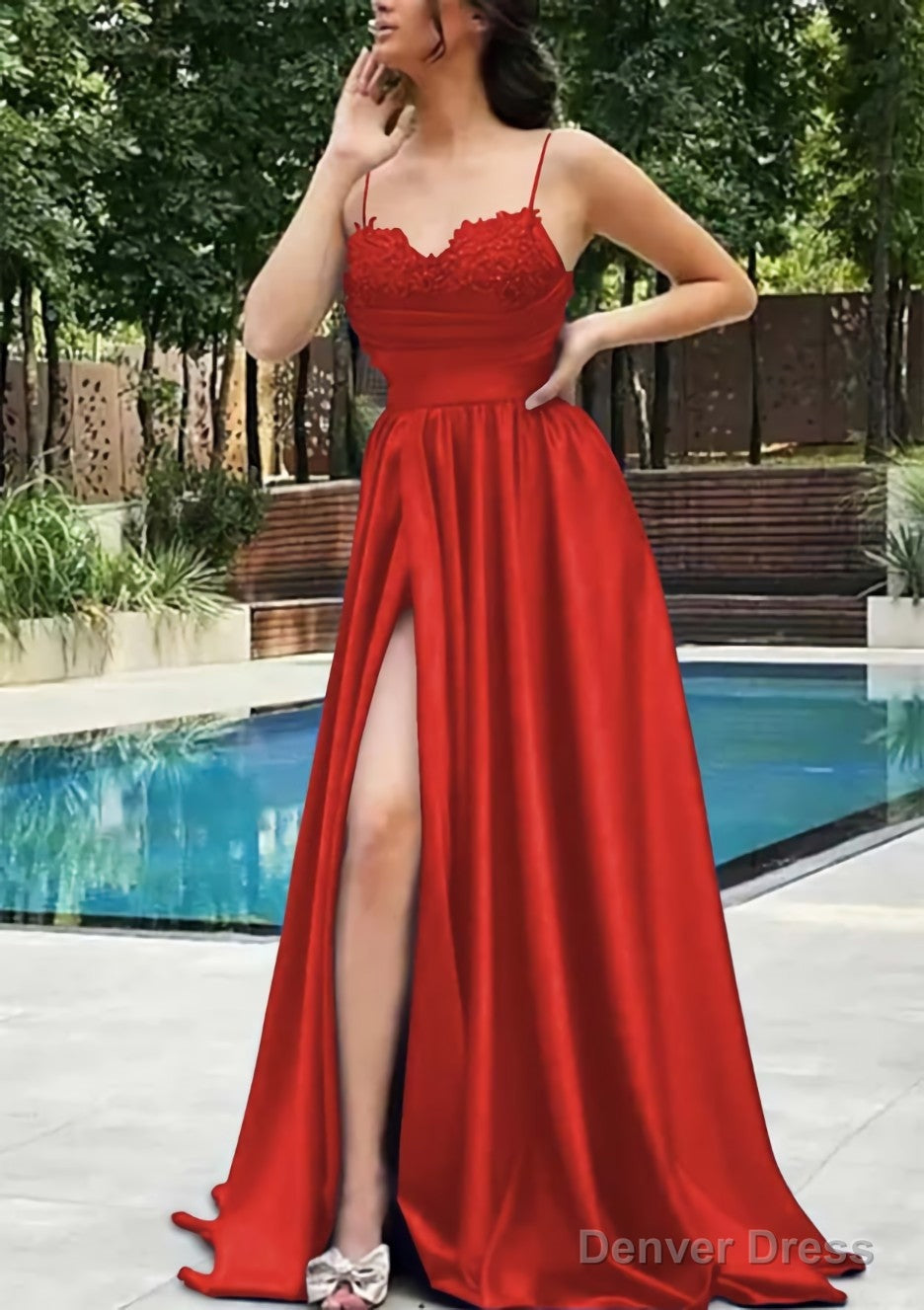 A Line V Neck Spaghetti Straps Sweep Train Satin Prom Dresses With Appliqued Beading Pleated Split