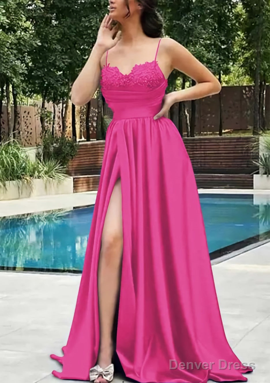 A Line V Neck Spaghetti Straps Sweep Train Satin Prom Dresses With Appliqued Beading Pleated Split