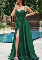 A Line V Neck Spaghetti Straps Sweep Train Satin Prom Dresses With Appliqued Beading Pleated Split