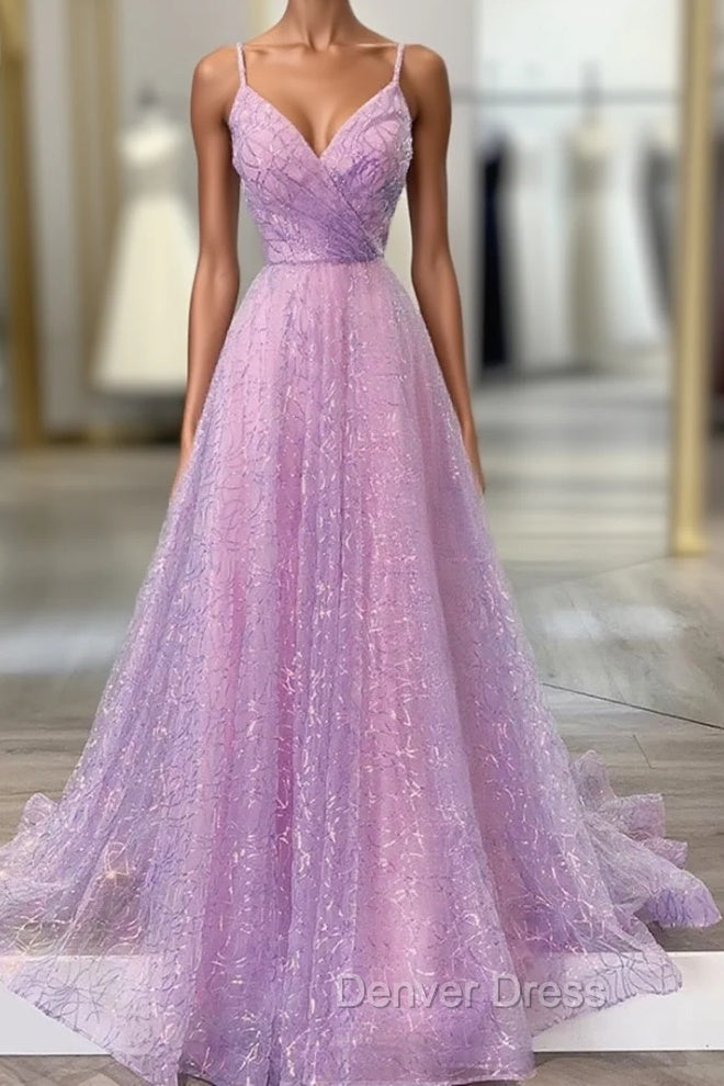 Unique Prom Dresses, A-line V Neck Spaghetti Straps Sweep Train Sequined Prom Dresses With Pleated